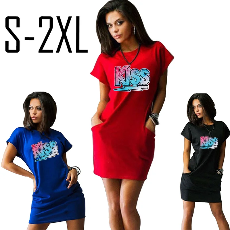 

Basic Kiss Print Colorful Women Long Dress Short Sleeve Casual O Neck Loose Skirt Pullover Outwear Pocket Dropshipping