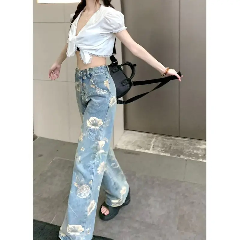 Vintage Hottie Fashion Printing Jeans Women Summer High Waist Appear Thin All-match Casual Wide Legs Mopping the Floor Trousers