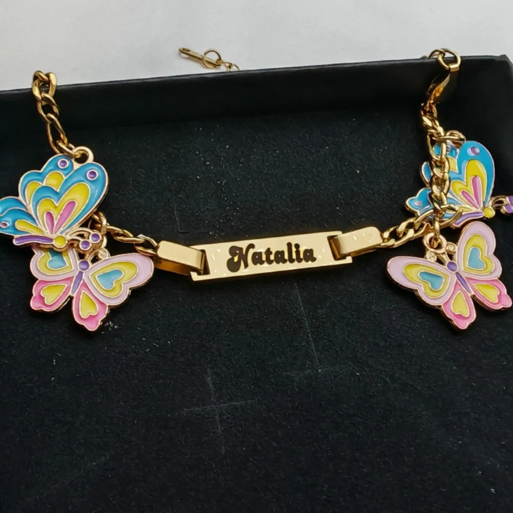 LeeChee Color Enamel Butterfly Charms Bracelet DIY Personalized Custom Name Bracelet Gift For Girls personalized enrgave name bar id bracelet for baby child charms zirconia handmade braided bracelet new born girls birthday gift