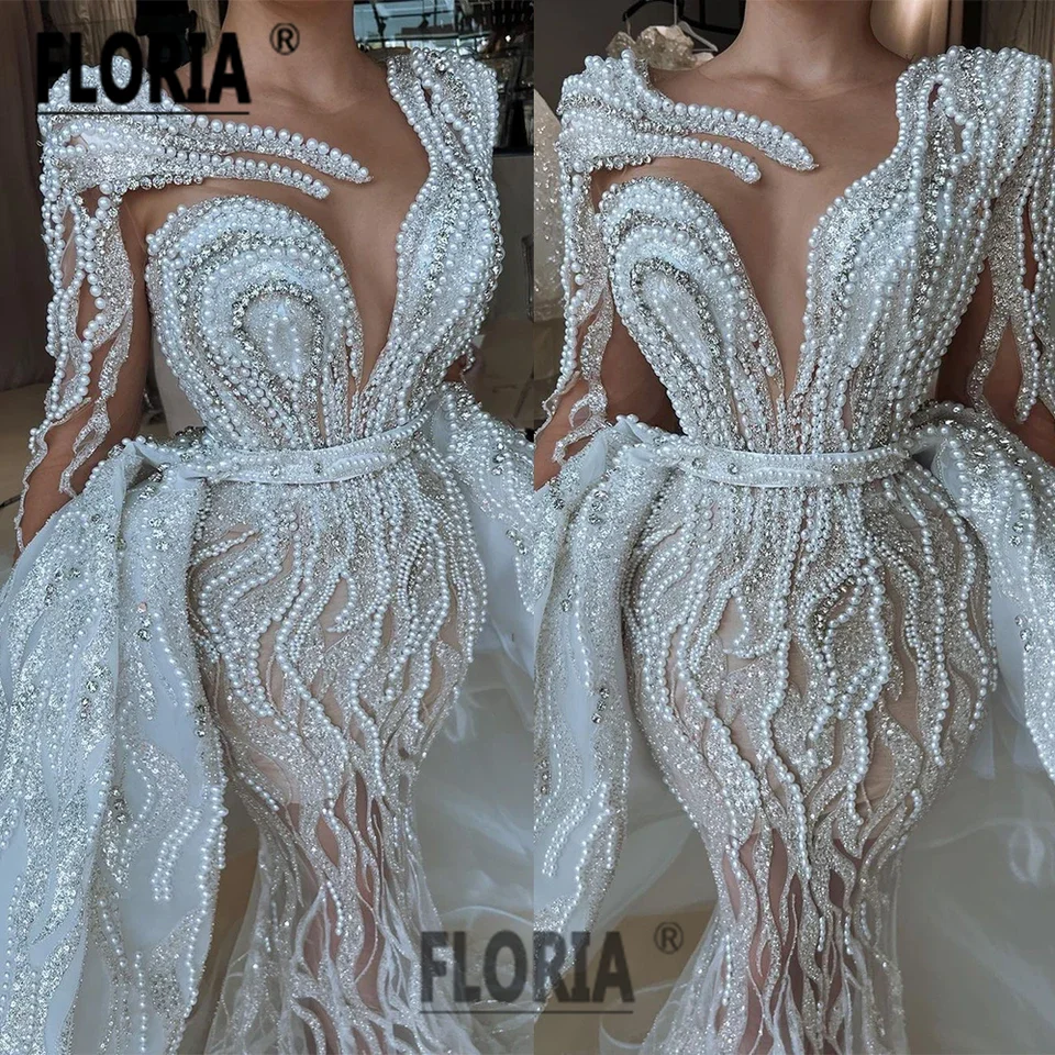 

Vestido De Novia Luxury Pearls Wedding Dress Beaded Crystal Dubai Saudi Arabia Long Sleeve Arabic Caftan Bridal Gown Overskirt