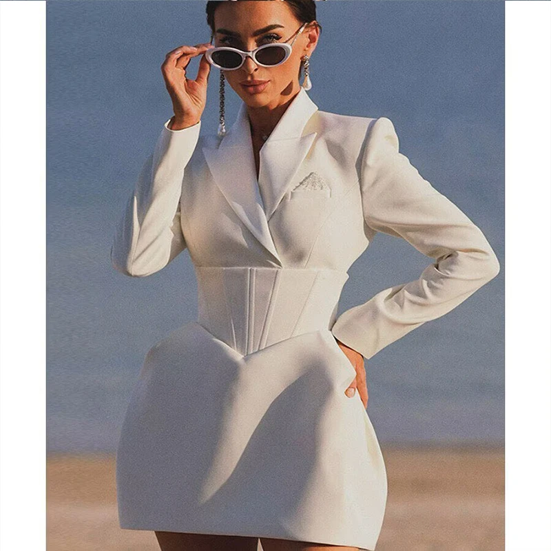 Women Elegant  Suit Style Dresses Chic V-neck Cinched Waist Shoulder Pads Dress Spring Autumn Long Sleeve Mini Party Ladies