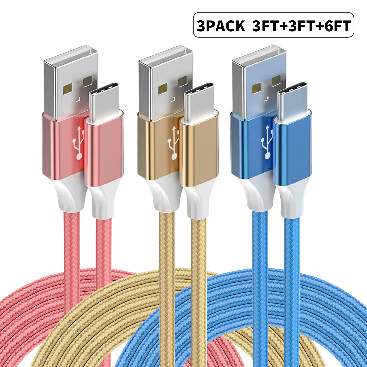 USB 타입 C 케이블, 2/3/5개 나일론 편조 USB C 케이블 3A 고속 충전기 삼성 갤럭시 S9/S8 노트8/9 20 10 S21 S2용