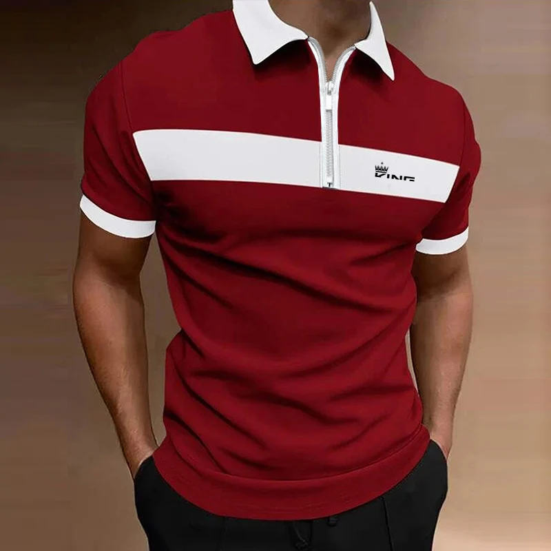 New men’s fashion short sleeve zipper polo shirt, slim fit quick-drying casual top with stylish color block design. red