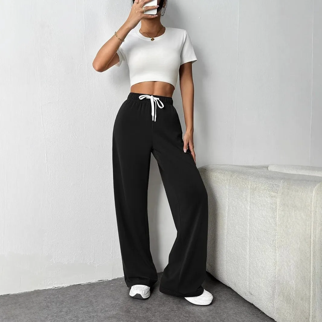 Lazy Style Wide Leg Pants with Women's Pockets Loose Drawstring Sports and Casual Floor Pants 2