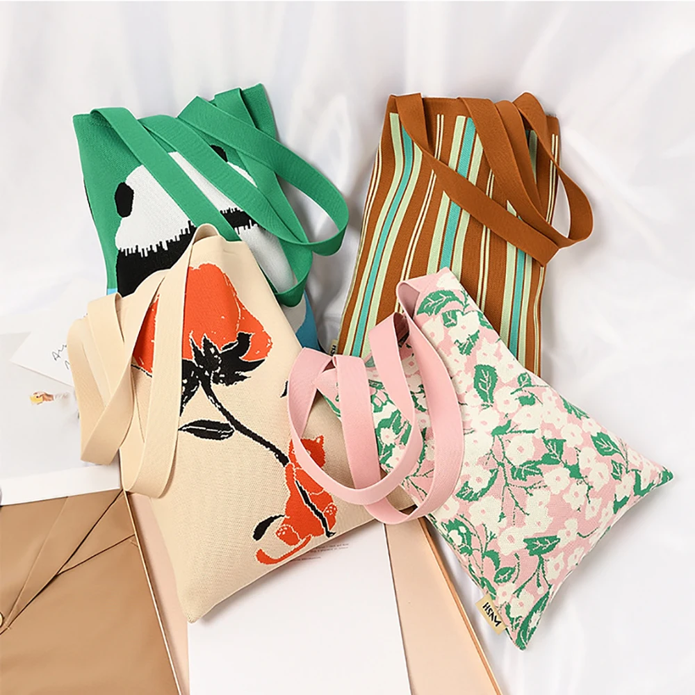 

Large Capacity Knit Handbag Women Fashion Shoulder-bag Casual Color Wide Stripe Plaid Tote Bag Student Reusable Shopping Bag