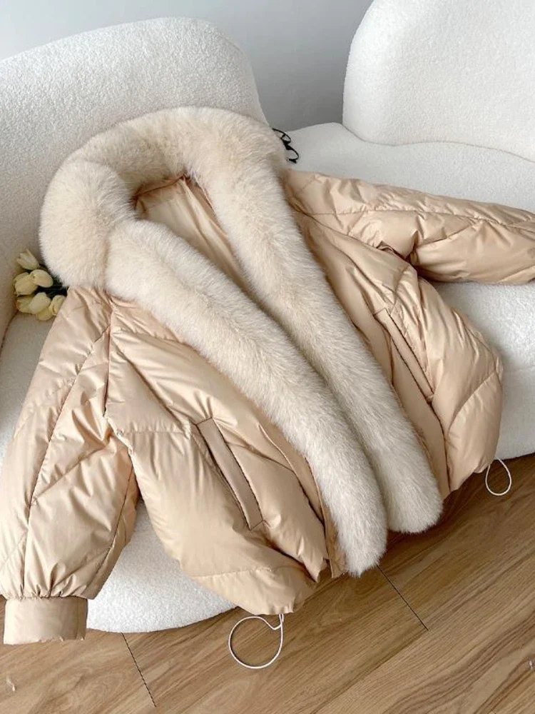 

Winter Puffer Jacket Women Luxury Fox Fur Collar Loose 90% White Duck Down Coats Mid Length Snow Clothes