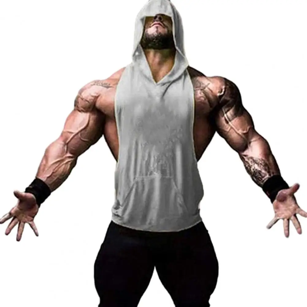 

Men Sports Vest Hooded Sleeveless Solid Color Loose Deep Armpit Big Patch Pocket Training Exercise Jogging Tank Top