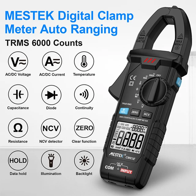 Pince ampèremétrique numérique Mestek DC AC 6000 points de lecture, multimètre, testeur de tension, ampèremètre pour voiture, Hz, capacité, NCV, Ohm 1