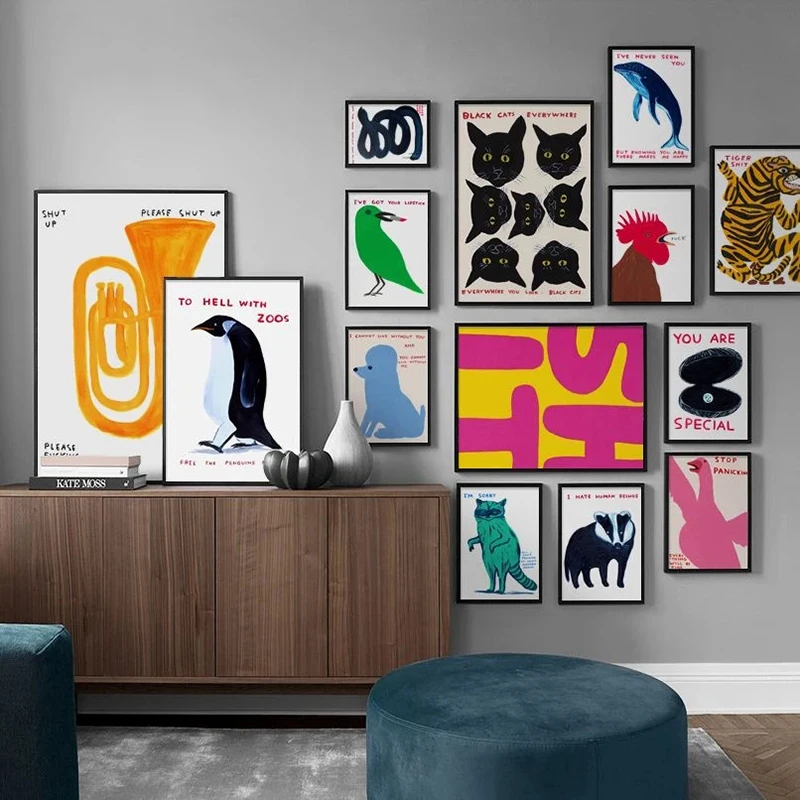 

Nordic Shrigley Penguin Tiger Whale shell cat Wall Art Prints Canvas Painting Nordic Poster Wall Pictures For Living Room Decor