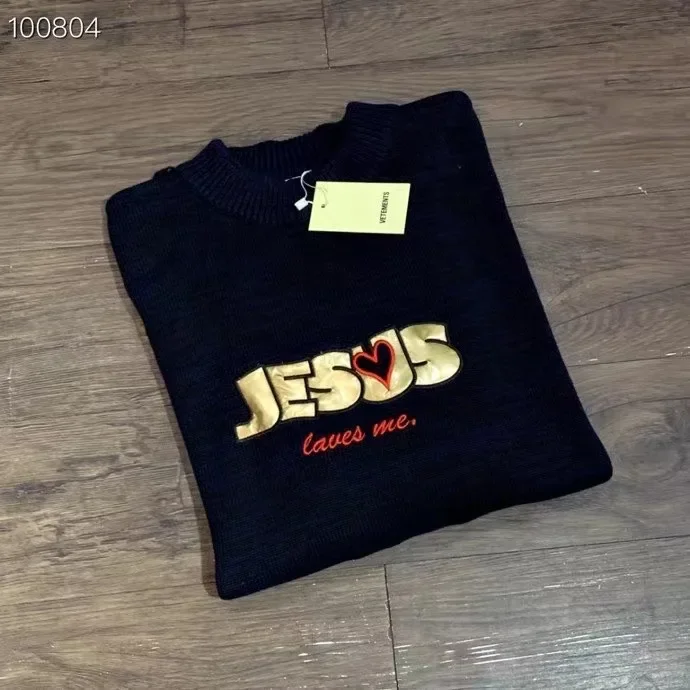 

23ss JESUS Gilded Leather Embroidery VTM Oversized Sweaters Men Women 1:1 Daily Knitted Pullovers
