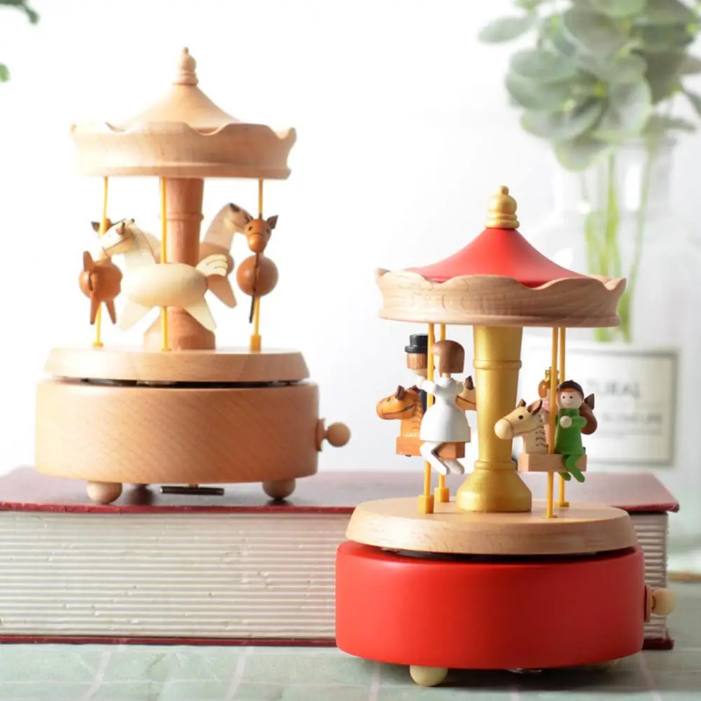 

Practical Creative Shape Shatterproof Wooden Musical Box Musical Box Carousel Horse Rotating Desktop Decoration