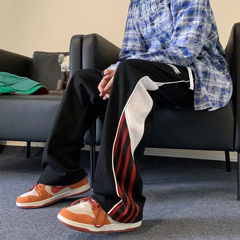 American High Street Loose Straight Wide Leg Pants Men's Autumn Contrasting Stripes Drawstring Pockets Patchwork Sports Trousers