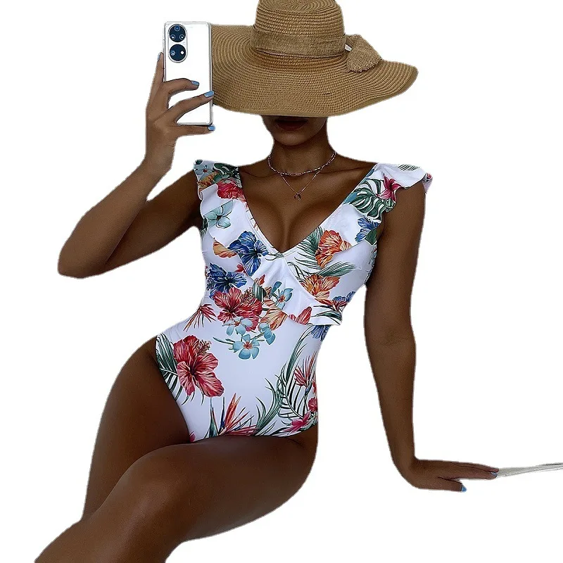 in Stock Wholesale New Fashion Print Swimwear Women Conservative One-Piece Swimsuit Ruffles Beachwear