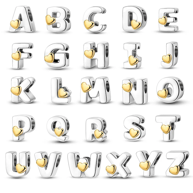 Plata de Ley 925, corazón dorado clásico, 26 letras del alfabeto, cuentas aptas para pulseras de 3mm, joyería DIY de cumpleaños de la suerte Gif