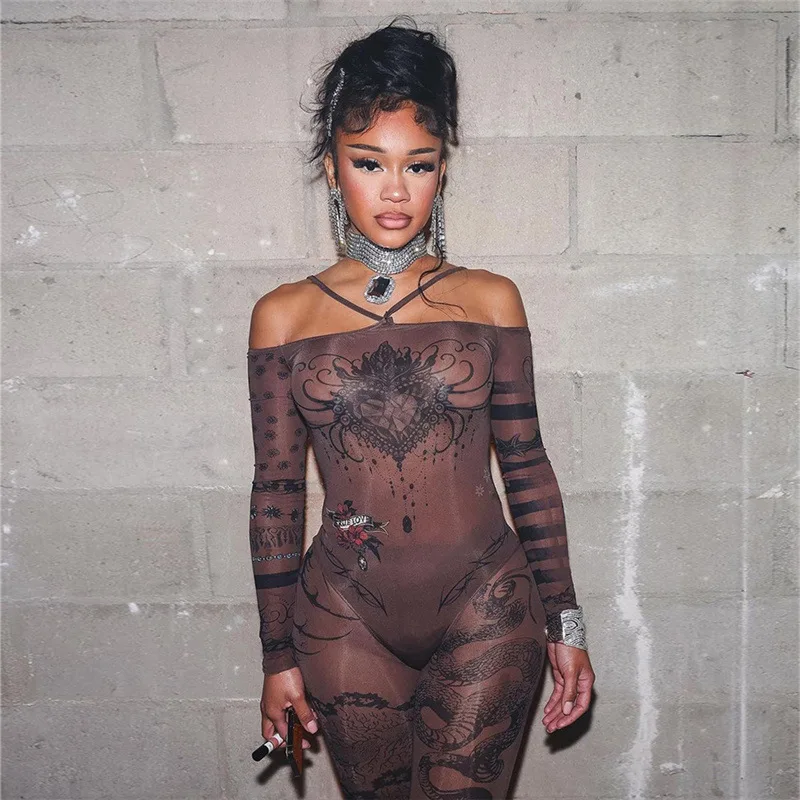 

Mesh Sexy Y2K Jumpsuits One Piece Women Fall Clothes Club Party Elegant Bodycon One Shoulder Printed Jumpsuit Bodysuit Playsuit