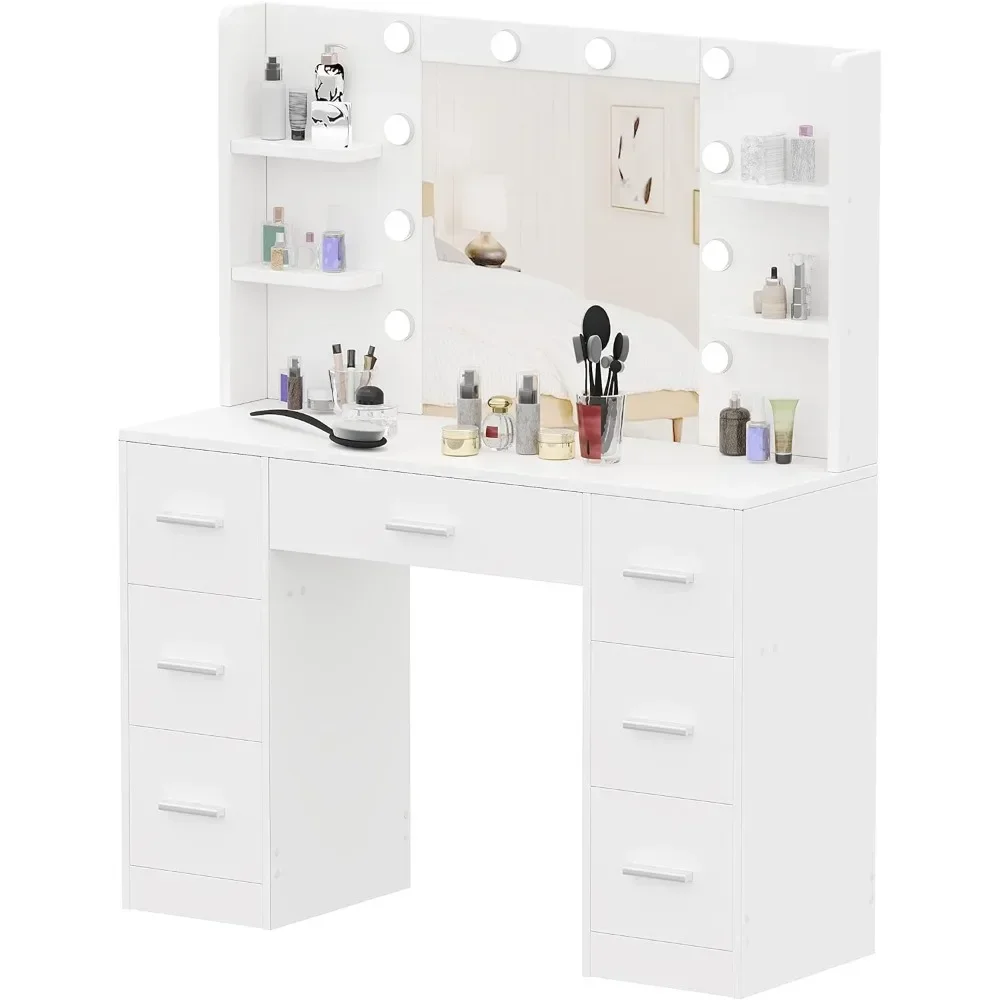 Vanity Desk, Makeup Vanity with 10 LED Lights & 7 Metal Sliding Drawers, Brightness Adjustable, Vanity Table with 6 Open Shelves 6