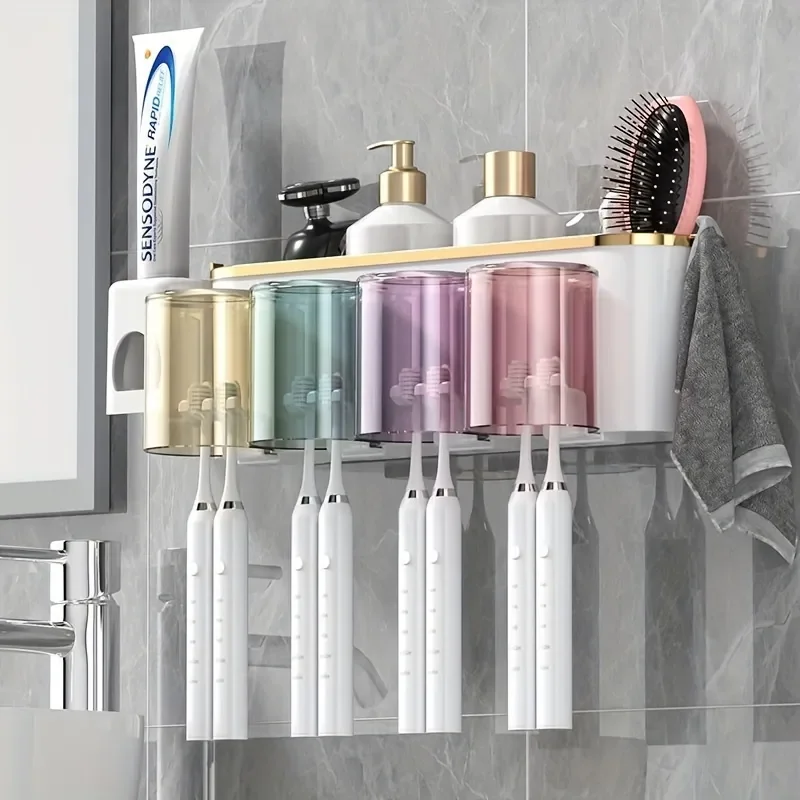 Toothbrush Holder With Squeezer Perforation-free Bathroom Shelf Mouthwash Cup Toothbrush Holder 1