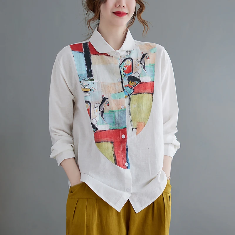 

2023 New Irregular Ink Painting Printed Cotton and Linen Women Shirts Elegant Patchwork Casual Loose Graffiti White Blouses