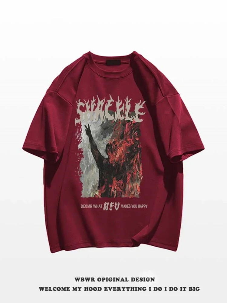 Camiseta con estampado de pintura al óleo de People On Fire para hombre, camiseta de algodón de manga corta estilo retro americano de verano, camisetas de estilo hip hop Y2K