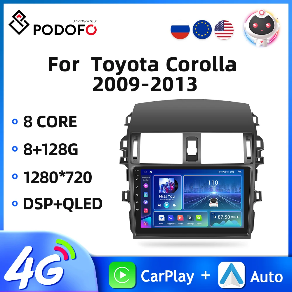 

Podofo 2din Car Radio For Toyota Corolla 2009-2013 Android Auto Stereo Radio GPS Navigation AI Voice 4G WIFI 8Core DSP Carplay