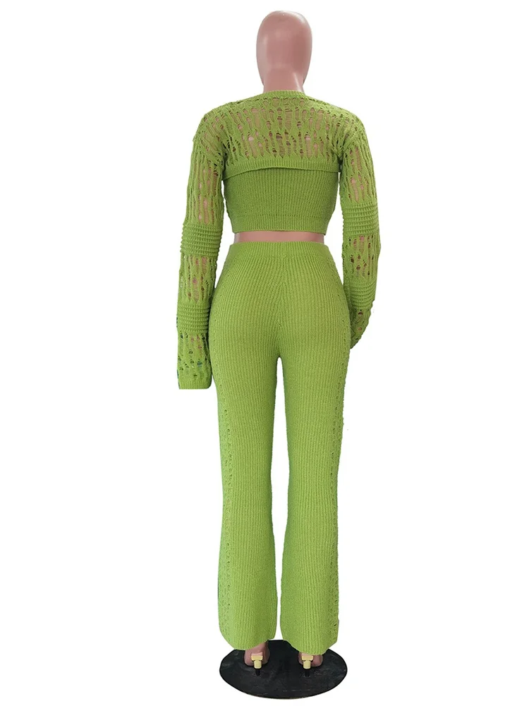 Wmstar 3 Piece Sets Wholesale Women's Casual Hollowed Out Knitted High Stretch Long Sleeve Bodycon New in Matching Sets 2025