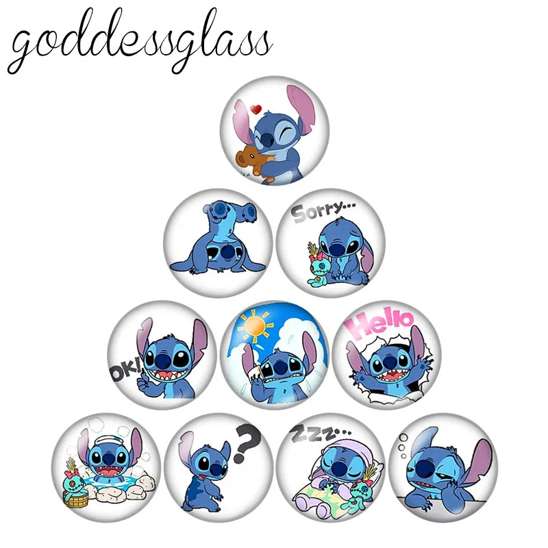 Disney Cute Stitch Lilo Cartoon 10pcs 12mm/18mm/20mm/25mm Round photo glass cabochon flat back Making findings for bracelets