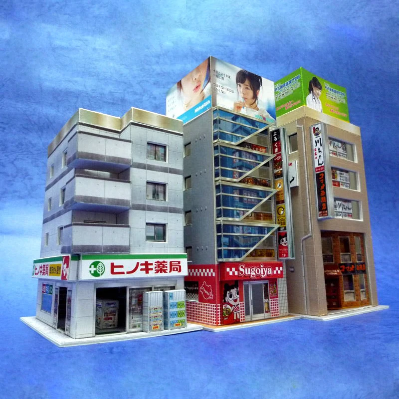 N-Scale Japanese Building Diorama 3D Paper Model Scene DIY Handmade Ornaments 3 commercial buildings 1:150