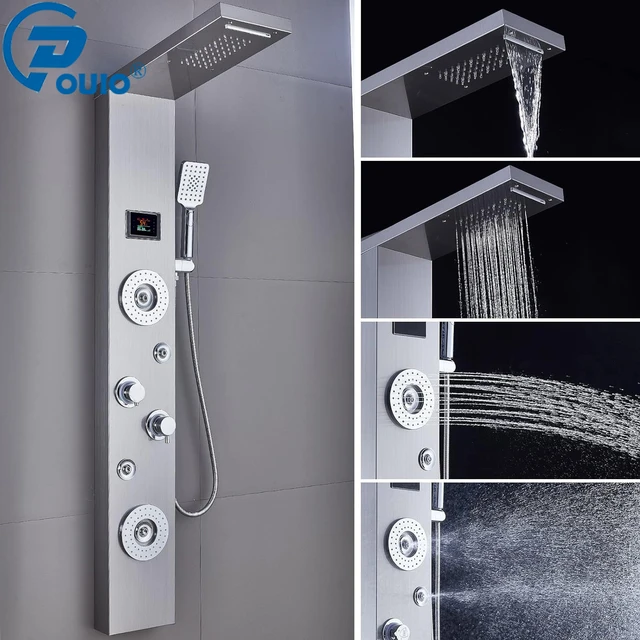 ระบบฝักบัวอาบน้ำแบบติดผนัง OUIO Luxury Brushed พร้อมไฟ LED แผงควบคุมอุณหภูมิ ฝักบัวมือ และระบบนวดสปา 1