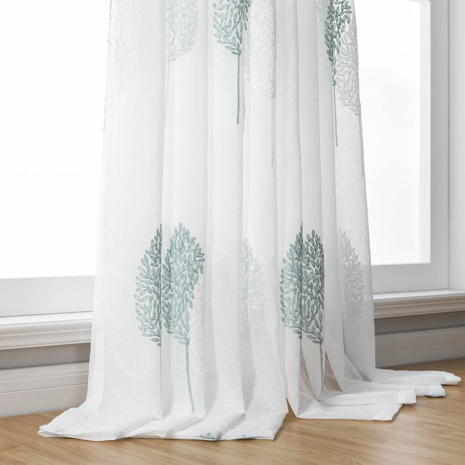 Long Sheer Curtain - Embroidered Voile Curtain Panels with Rod Pocket for Bedroom & Living Room