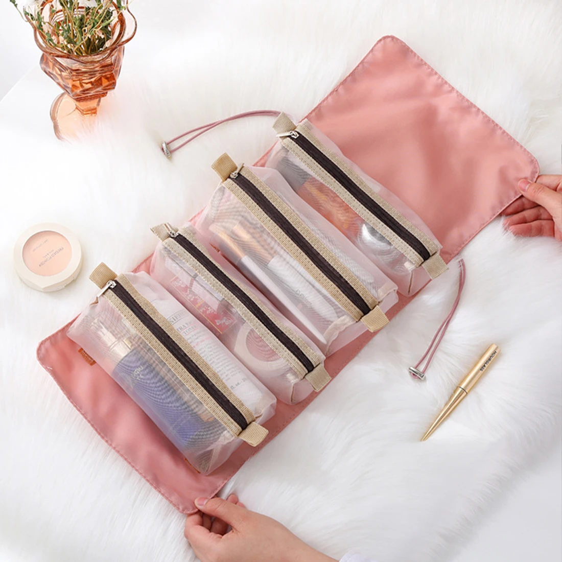 

4PCS In 1 Cosmetic Bag For Women Zipper Mesh Separable Cosmetics Pouch Ladies Foldable Nylon Bag Rope Makeup Bag