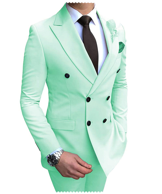 2024 New Beige Men's Suit 2 Pieces Double Breasted Notch Lapel Flat Slim Fit Casual Tuxedos For Wedding(Blazer+Pants) - mint green, XXL