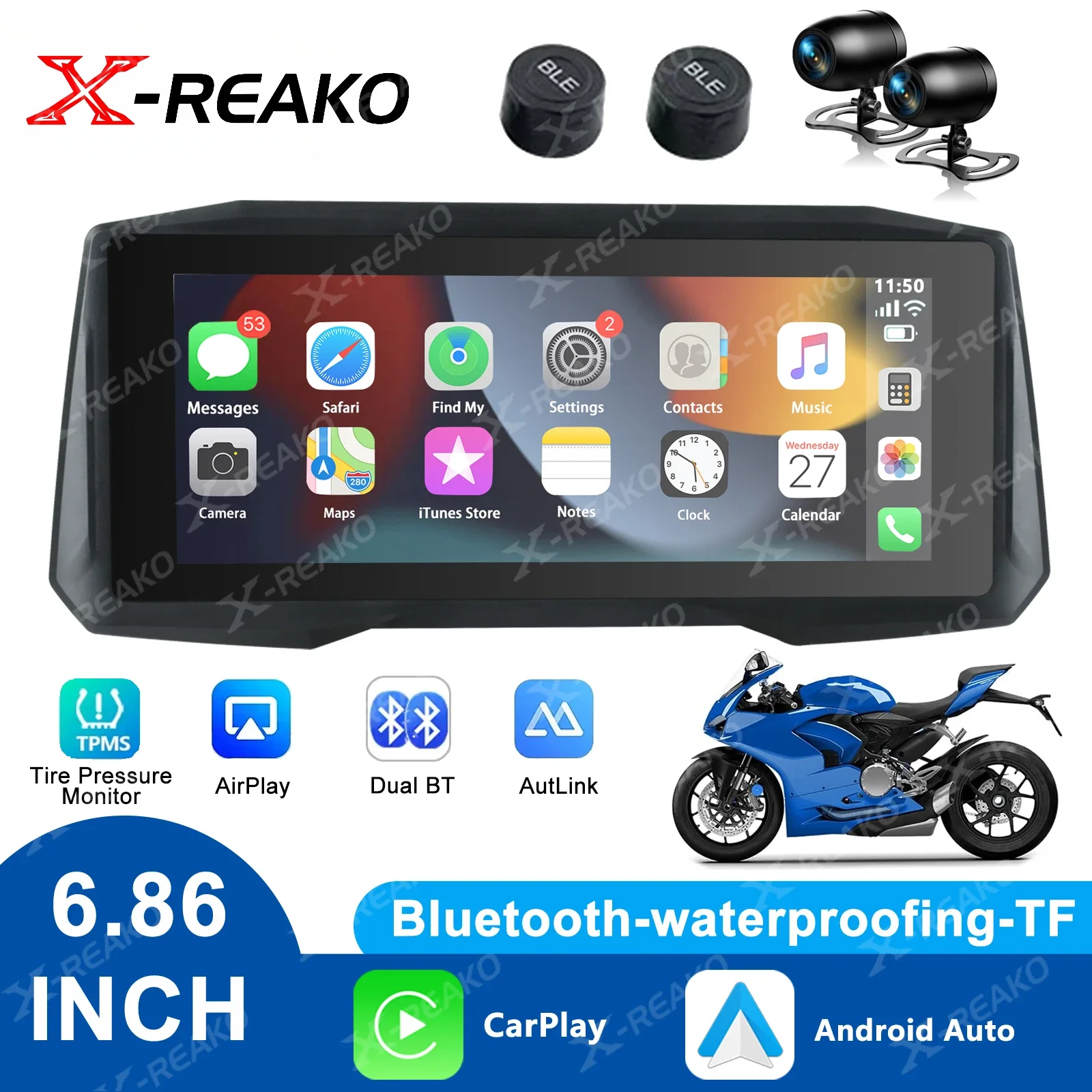 X-REAKO 6.86-inch MP5 Motorcycle Portable PND Voice Assistant Android Auto&Carplay DVR GPS Bluetooth HD Touch Screen TPMS