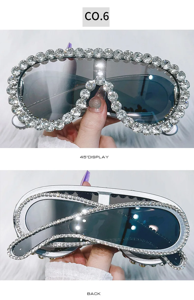 SHAUNA Crystal Oversized Mirror Coating Women Goggle Sunglasses UV400_voghion.com