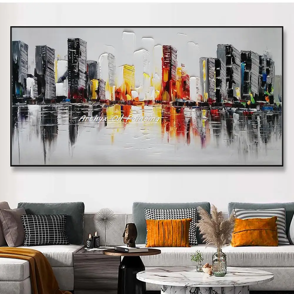 

Arthyx Handpainted Palette Knife City Landscape Oil Paintings On Canvas,Modern Abstract Wall Art,For Living Room,Home Decoration