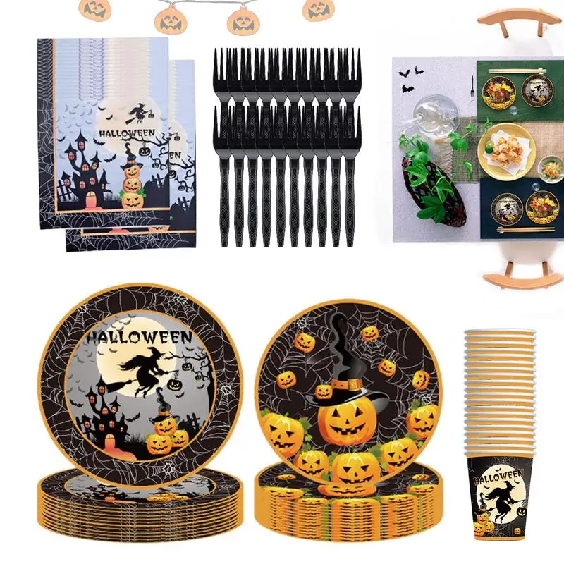 

Halloween Party Disposable Tableware Set Pumpkin Witch Paper Plates Cup Halloween Reception Tableware Paper Kid Favor HappyParty