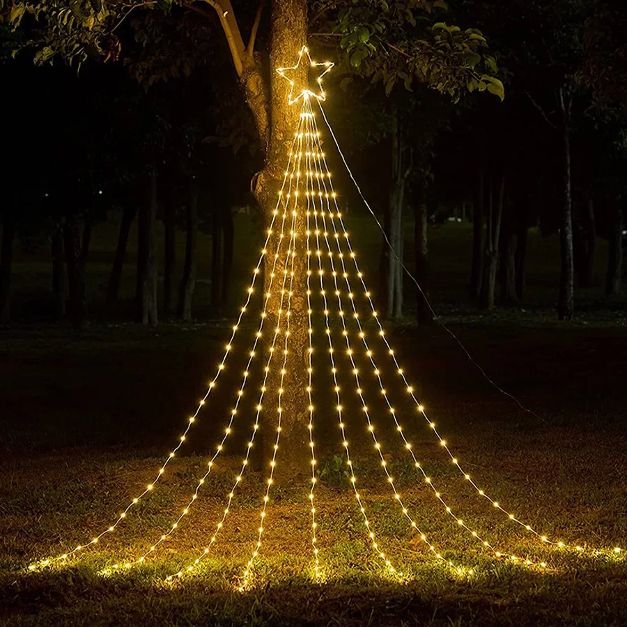 thumbnail image 1 of Luz de cascada navideña para exteriores con forma de estrella de Navidad de 9 x 2 m, con forma de carámbano y 8 modos para decoración de fiestas navideñas, 1 of 5
