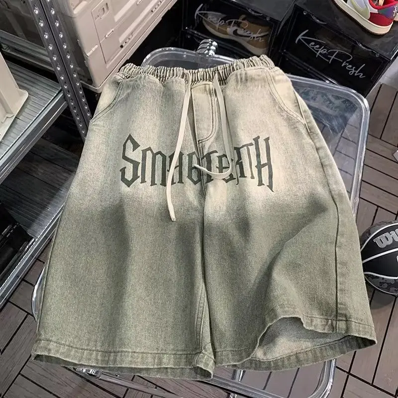 Gradient Washed Denim Shorts Women Men's Summer Wide-leg Five-point Pants New Loose Retro Cowboy Letter Pockets Drawstring