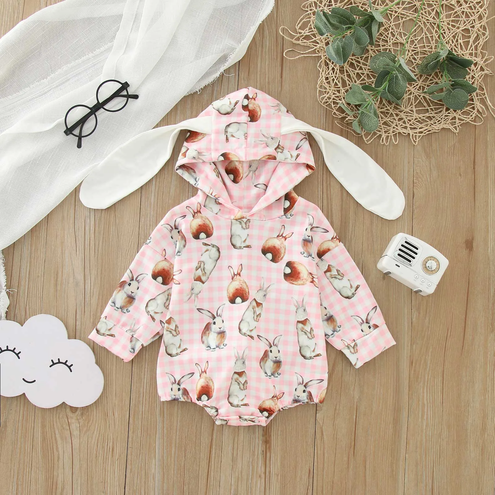 

0-18M Easter Newborn Infant Baby Boys Girls Romper Cute Bunny Ear Pom pom Hooded Long Sleeve Jumpsuit Bodysuit Spring Clothes