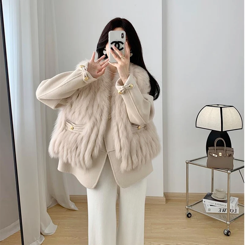 

High Quality Wool Coat Two Piece Women's Spring and Autumn Fashion Short Fox Fur Grass Vest O-Neck Gold button real Fur Jac