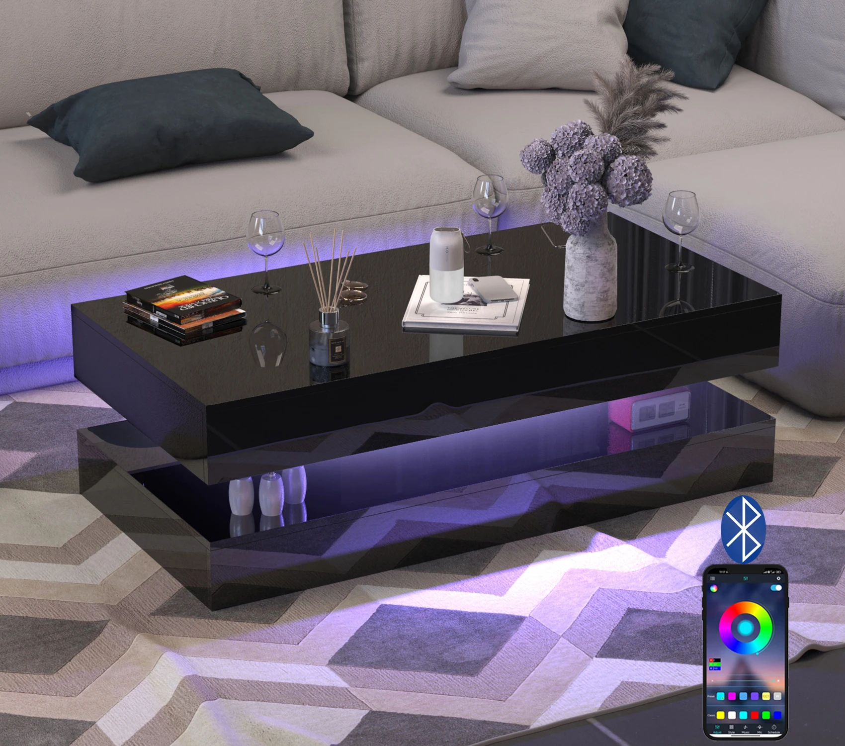 2 Tiers LED Coffee Table with 2 Storage Drawers, Modern High Gloss Rectangle Center Table with 20 Colors LED Lights, APP Control