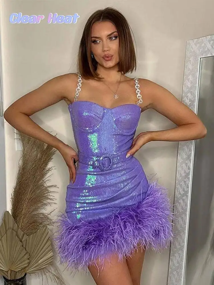 

Sexy Feather Sequins Sling Dress For Women 2023 Sleeveless Backless Dresses With Belt Summer Female Evening Party Club Vestidos