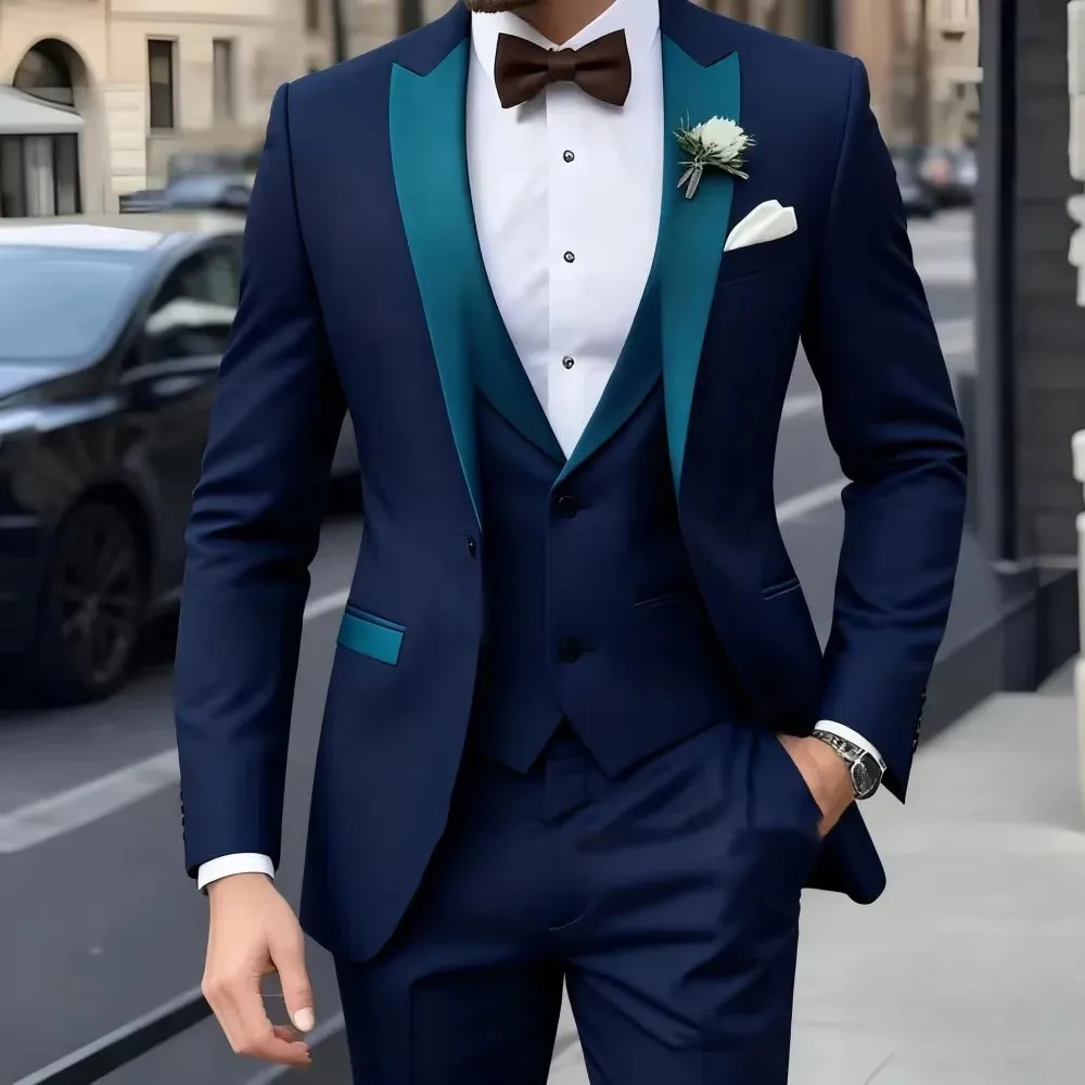 Solid Color Men's Fashion 3-Piece Tuxedo Set with Peak Lapel Blazer Vest Pants for Wedding Business Formal Groom Tuxedos