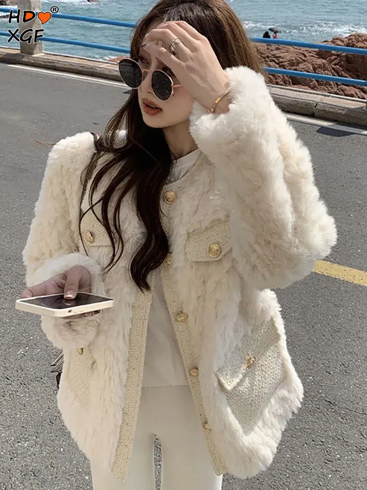 

Elegant Luxury Thickened Lamb Wool Jacket Womens Korean Fashion Round Neck Single Breasted Short Coat Simple Warm Women Clothing
