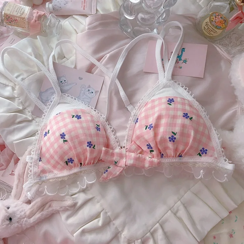 

Sweet lolita triangle cup bra and panty set girl cotton small chest flat chest underwear pink plaid bouquet bra underwear set