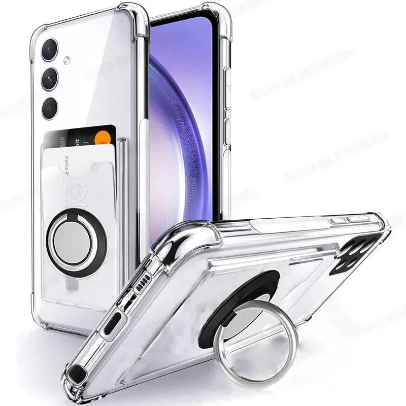 Brieftasche Karte Slot Transparent Fall Für Samsung S25 Ultra S24 FE Ring Ständer Halter Weiche Silikon Abdeckung Für Galaxy S23 S22 plus S21