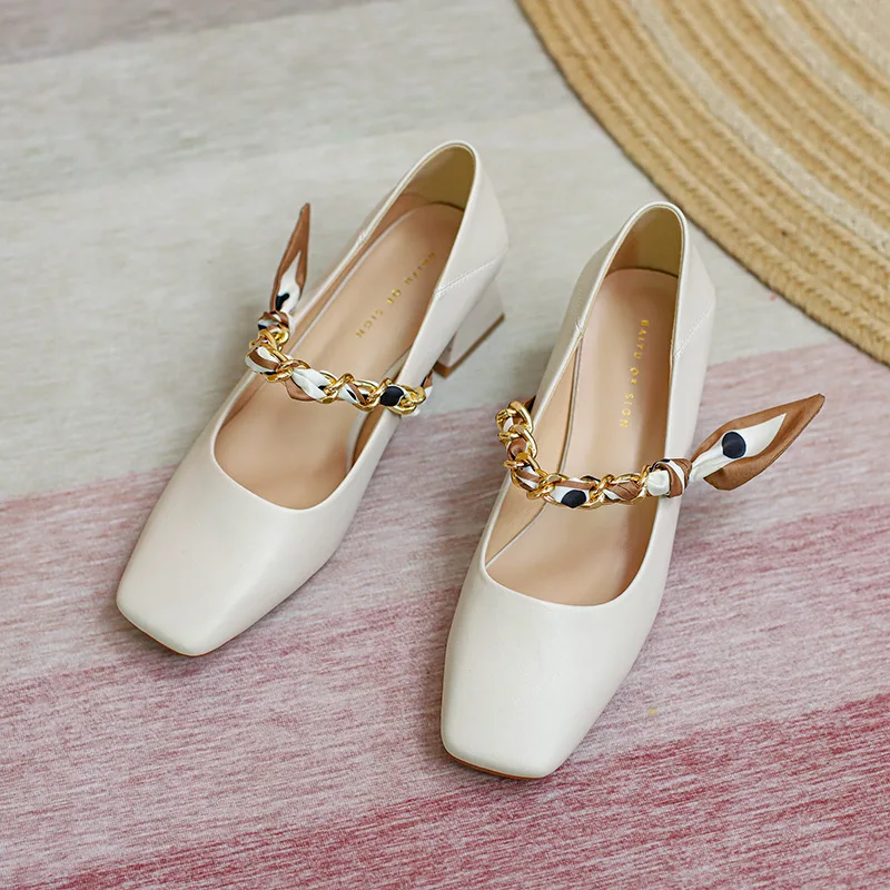 

Spring Autumn New Women Pumps PU 4.5CM Square Heel Square Toe Slip-On British Style Street Style Riband Shoes For Women Beige