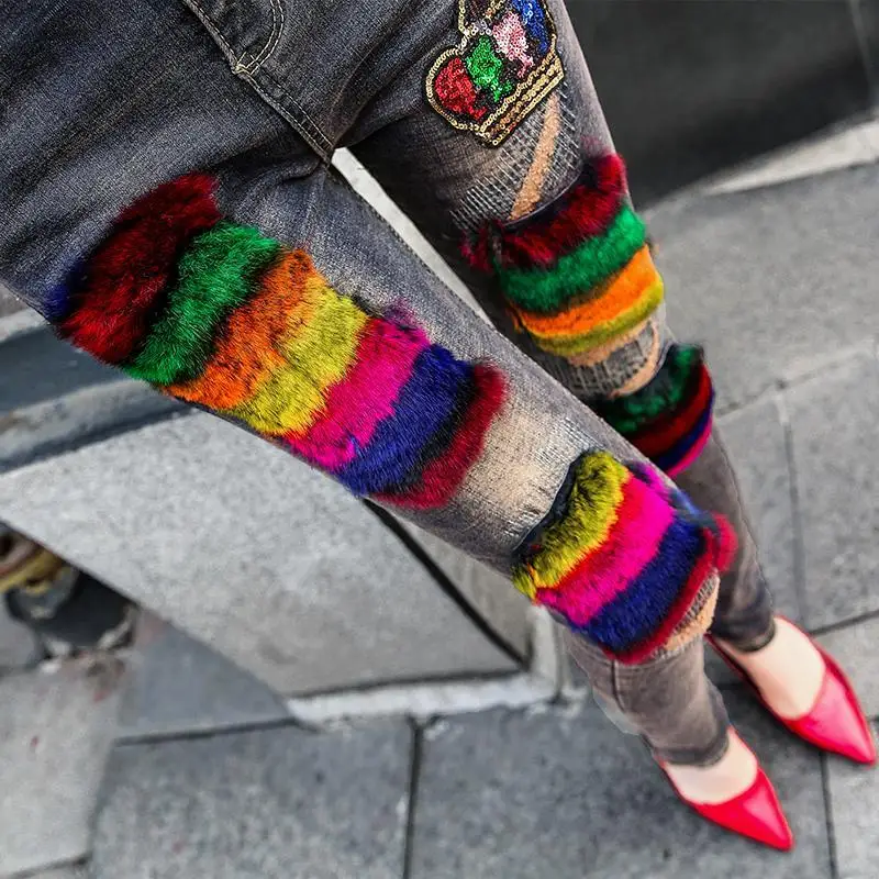 

Colorful Fox Hair Splicing Women Autumn Winter Jeans All-match Stretch High Waist Tight Pencil Pants Thicken Velvet Trousers