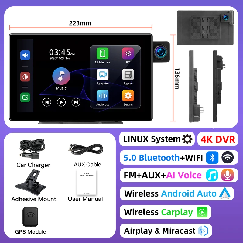 Cámara de tablero 4K giratoria de 180 grados de 9 pulgadas con CarPlay inalámbrico y Android Auto, grabación de 3 canales, DVR para automóvil, FM, BT, AUX, GPS, monitor de estacionamiento las 24 horas