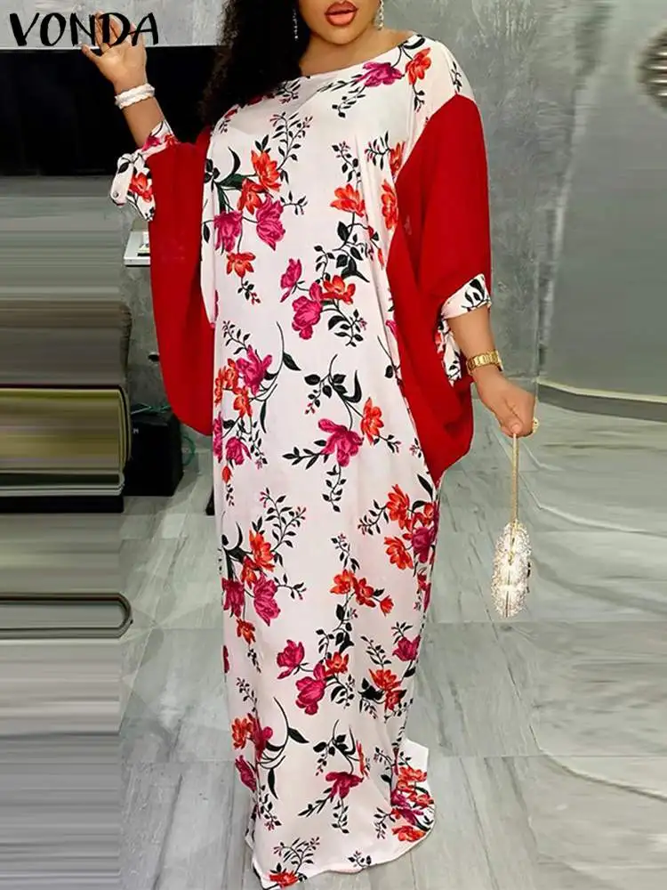 

Plus Size 5XL Summer Sundress 2023 Women Sundress VONDA Printed Long Maxi Dresses Casual Bat Sleeve Patchwork Beach Vestidos