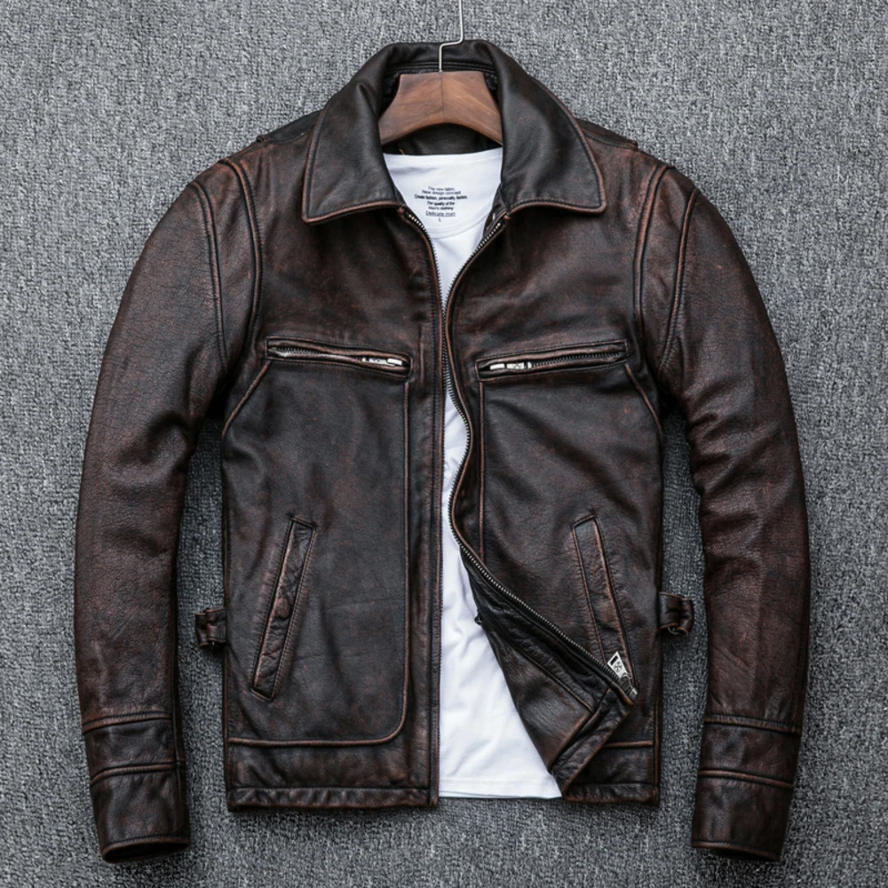 

shipping,Asian Free plus size mens genuine leather jacket,vintage brown casual cowhide coat,Brand new slim motor jackets.sales.